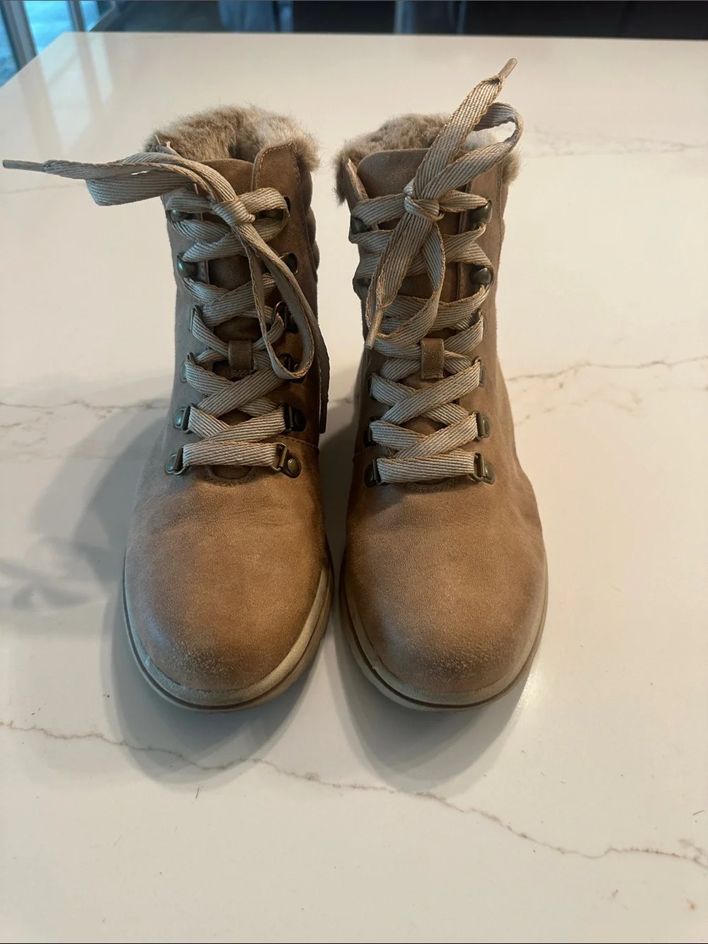 Cliffs Women's Taupe Faux Fur Lace-Up Ankle Boots